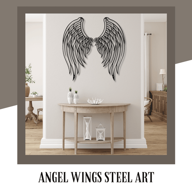 Decorative angel wings steel art piece on a wall in a room with a console table.