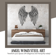 Metal angel wings wall art above a bed in a bedroom setting