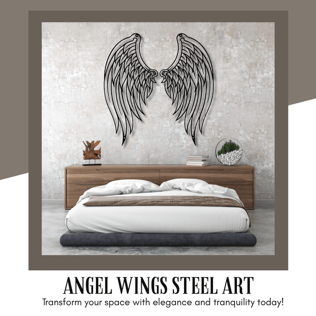 Metal angel wings wall art above a bed in a bedroom setting