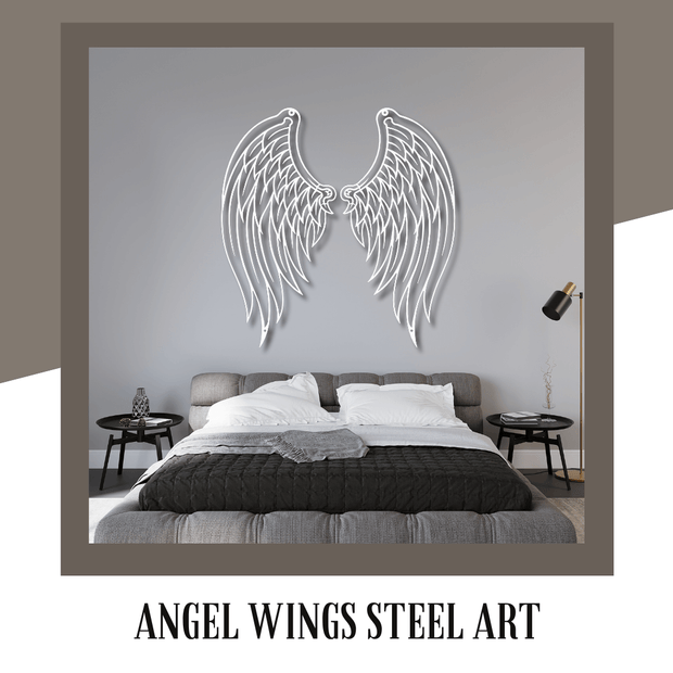 Decorative angel wings steel art piece on a bedroom wall.