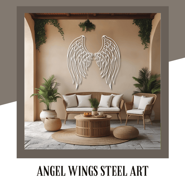 Decorative angel wings steel art piece in a living room setting with furniture and plants.