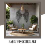 Outdoor patio with wicker chairs, round table, and angel wings steel art on wall.