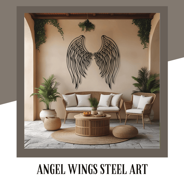 Decorative angel wings steel art piece on a wall above a living room with furniture and plants.