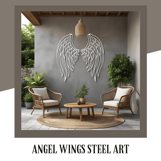 Outdoor patio with wicker chairs, round table, and angel wings steel art on a gray wall.