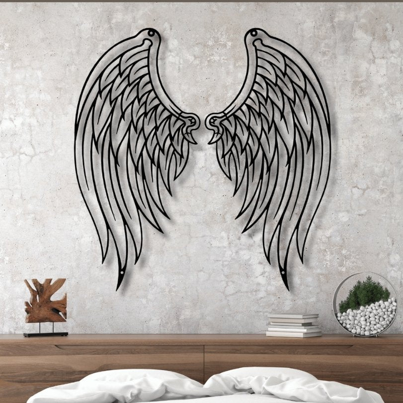 Large black metal angel wings wall art – modern laser-cut steel décor for bedroom or living room, symbolic angel wing artwork handcrafted by Art on Steel, South Africa.