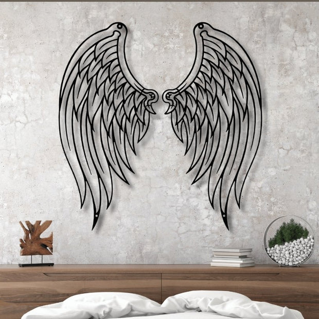 Large black metal angel wings wall art – modern laser-cut steel décor for bedroom or living room, symbolic angel wing artwork handcrafted by Art on Steel, South Africa.