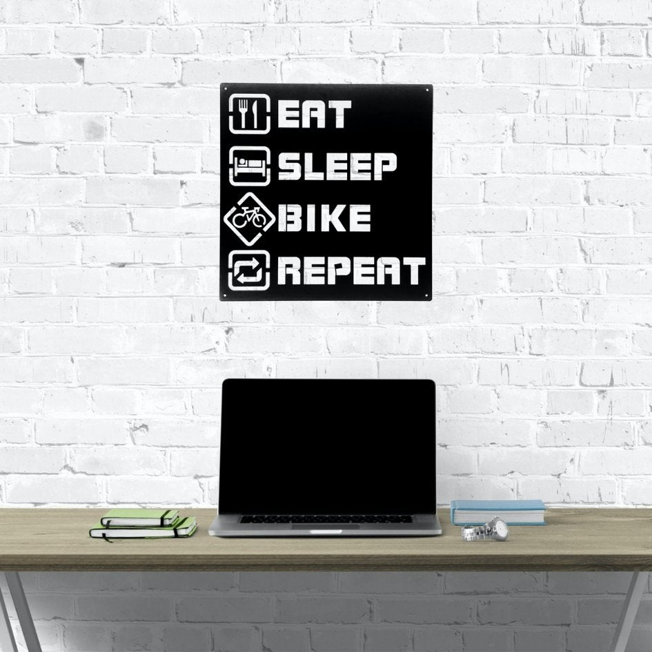 Eat Sleep Bike Repeat metal wall art – black steel sign with cycling icons, modern biker decor for home, office, or garage, unique gift for cyclists and mountain bike enthusiasts by Art on Steel.
