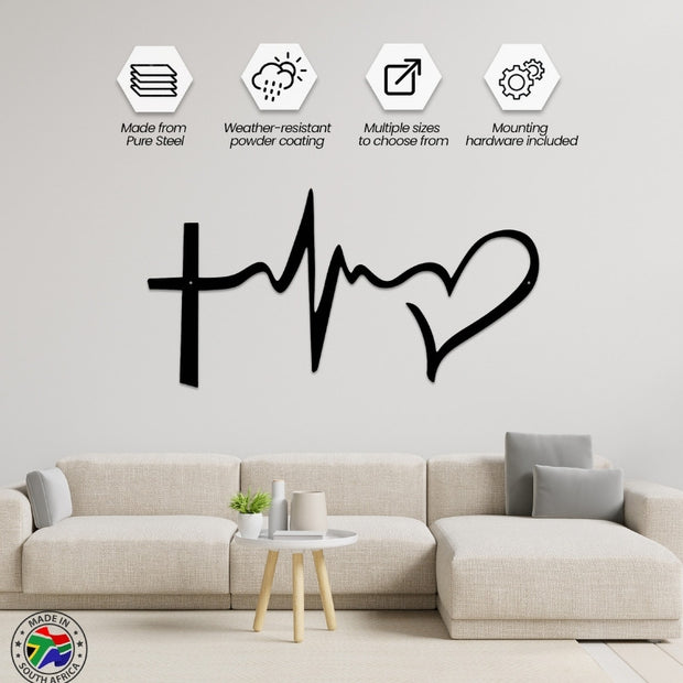 Faith Hope Love metal wall art – black steel cross, heartbeat, and heart design, inspirational Christian wall décor for living room or bedroom, durable weatherproof laser-cut artwork by Art on Steel, South Africa.
