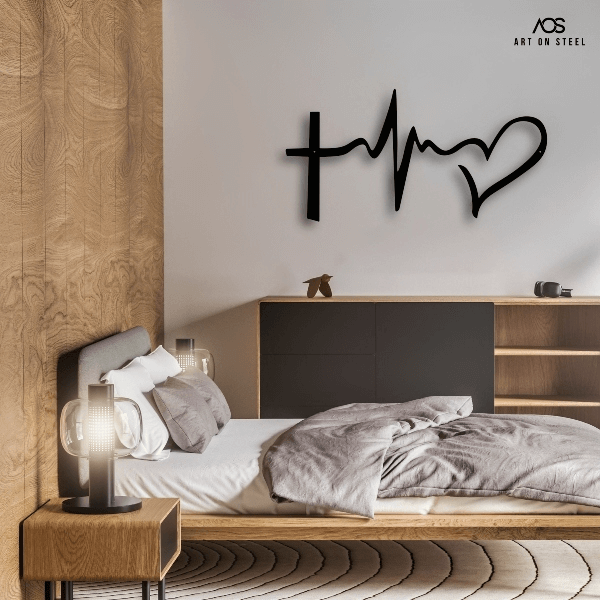 Faith Hope Love steel wall art – black metal cross, heartbeat, and heart design above modern wooden bedroom décor, inspirational Christian laser-cut artwork by Art on Steel, South Africa.