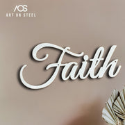 White steel wall art word Faith in elegant script font – inspirational metal wall décor for home, bedroom, or living room, handcrafted laser-cut design by Art on Steel, South Africa.