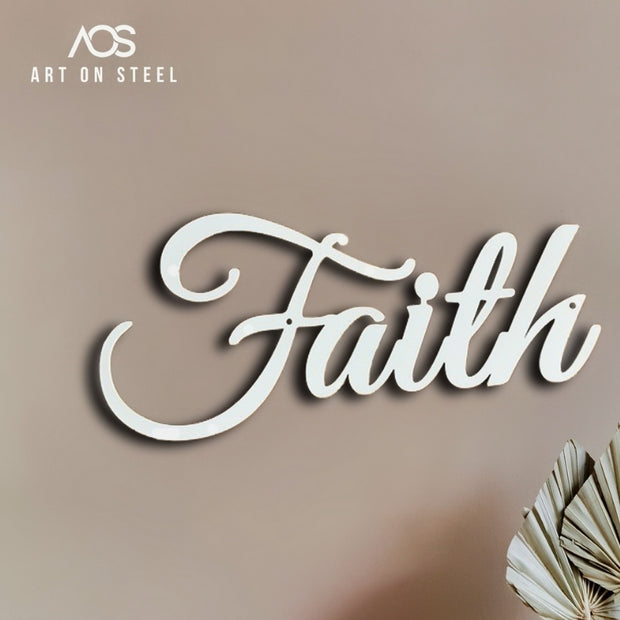 White steel wall art word Faith in elegant script font – inspirational metal wall décor for home, bedroom, or living room, handcrafted laser-cut design by Art on Steel, South Africa.