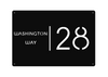 Custom steel house number sign – House Number AOS10 by Art on Steel. Modern black powder-coated design featuring large number '28' with street name 'Washington Way'. Durable, weather-resistant, precision laser-cut house number plate for contemporary homes in South Africa.
