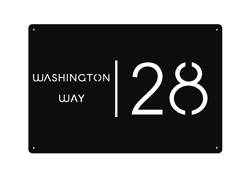 Custom steel house number sign – House Number AOS10 by Art on Steel. Modern black powder-coated design featuring large number '28' with street name 'Washington Way'. Durable, weather-resistant, precision laser-cut house number plate for contemporary homes in South Africa.
