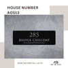 House Number AOS13 – custom black steel address plaque with 285 Bridge Crescent design by Art on Steel. Modern wall-mounted metal house number sign, durable and weather-resistant, perfect for South African homes seeking stylish curb appeal.