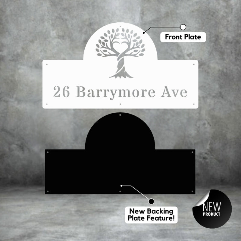 Custom white steel house number sign with tree of life design and new black backing plate feature – address plaque showing 26 Barrymore Ave, modern laser-cut metal house sign, durable weatherproof signage by Art on Steel, South Africa