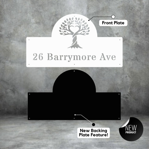Custom white steel house number sign with tree of life design and new black backing plate feature – address plaque showing 26 Barrymore Ave, modern laser-cut metal house sign, durable weatherproof signage by Art on Steel, South Africa