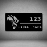 Modern black steel house number sign with African map and zebra stripe design — customizable street name and number 123 cut-out, durable outdoor metal address plaque by Art on Steel, contemporary wall art for home entrances in South Africa.