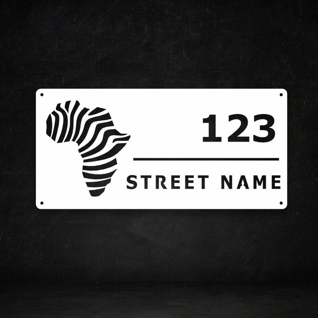 White steel house number sign with African continent zebra stripe design — customizable cut-out address plaque with number 123 and street name, durable modern outdoor wall art by Art on Steel, perfect for stylish home entrances in South Africa.