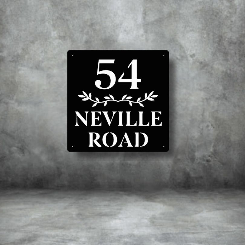 Custom black steel house number sign with bold number 54 and Neville Road text – modern laser-cut metal address plaque with decorative leaf design, weatherproof and stylish home signage by Art on Steel, South Africa.