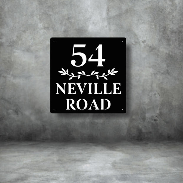 Custom black steel house number sign with bold number 54 and Neville Road text – modern laser-cut metal address plaque with decorative leaf design, weatherproof and stylish home signage by Art on Steel, South Africa.