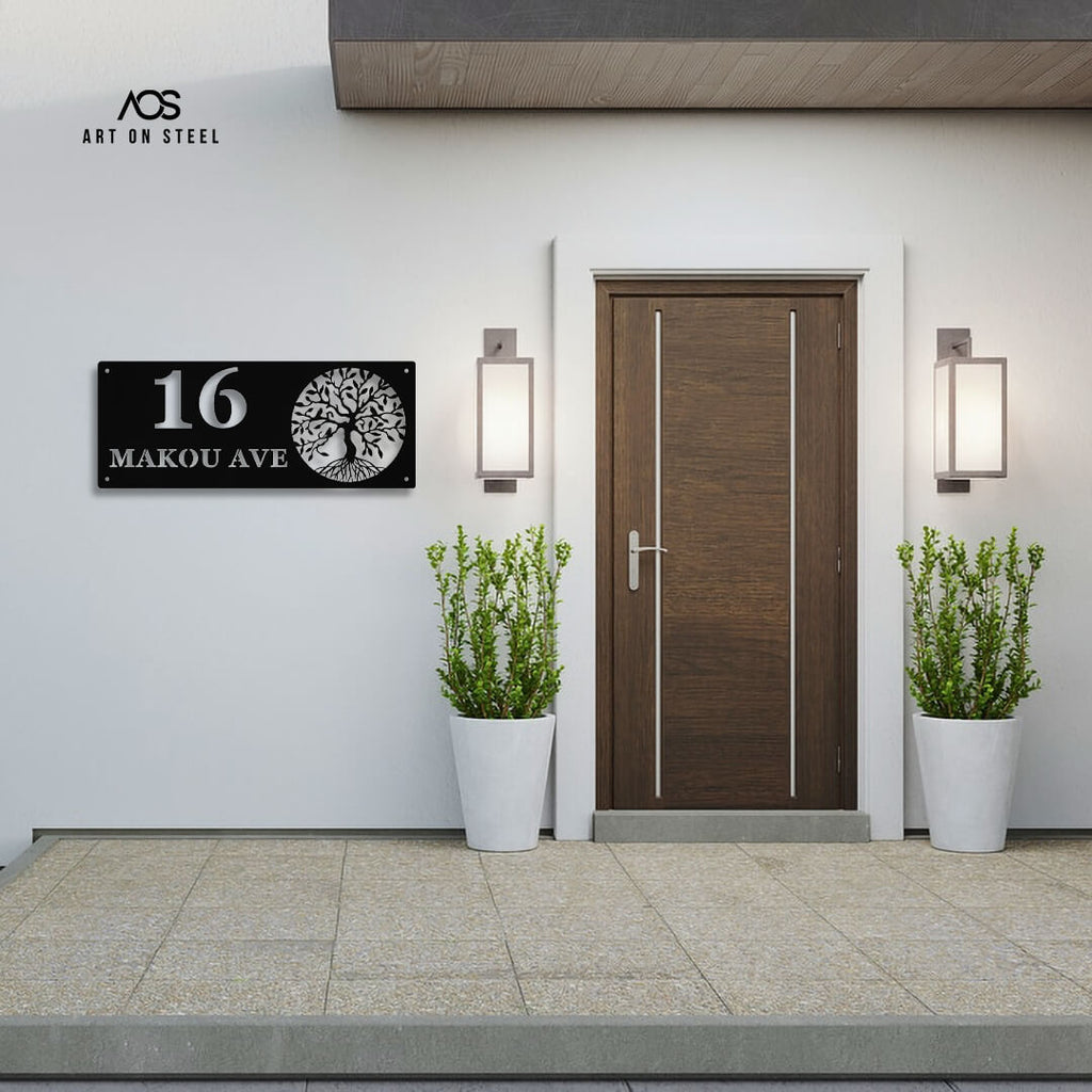 Modern house entrance with a wooden door, wall-mounted house number sign, and potted plants. Art on Steel