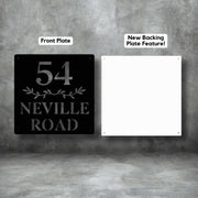 Custom black steel house number sign with backing plate feature – laser-cut front plate showing number 54 Neville Road with decorative leaf design, paired with durable white backing plate for modern, weatherproof home signage by Art on Steel, South Africa