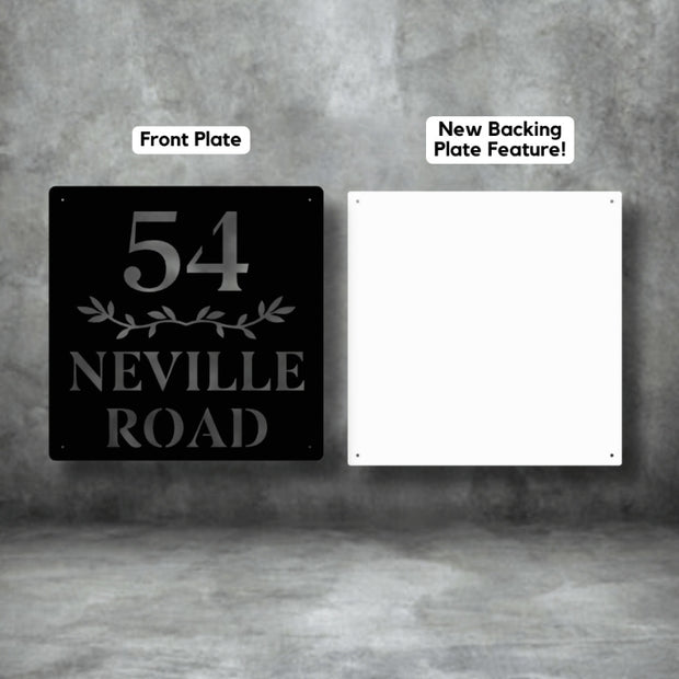 Custom black steel house number sign with backing plate feature – laser-cut front plate showing number 54 Neville Road with decorative leaf design, paired with durable white backing plate for modern, weatherproof home signage by Art on Steel, South Africa