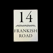 Elegant white steel house number sign with cut-out design — number 14 and Frankish Road text, decorative African-inspired pattern, durable outdoor metal address plaque by Art on Steel, modern wall art for home entrances in South Africa.