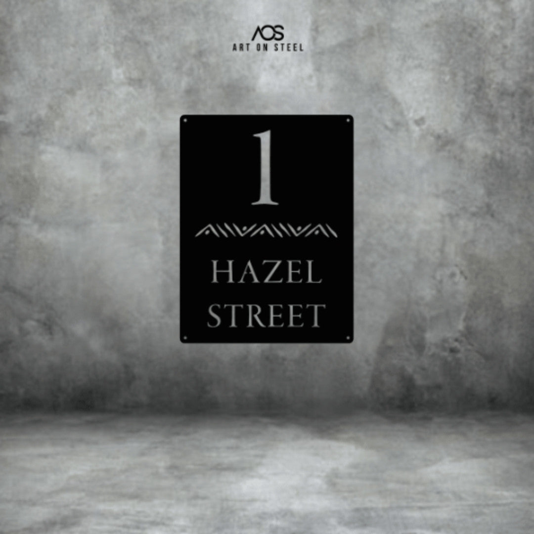 Modern black steel house number sign with cut-out design — number 1 and Hazel Street text, decorative tribal pattern, durable outdoor metal wall art by Art on Steel, perfect for elegant home address plaques in South Africa.