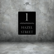 Modern black steel house number sign with cut-out design — number 1 and Hazel Street text, decorative tribal pattern, durable outdoor metal wall art by Art on Steel, perfect for elegant home address plaques in South Africa.