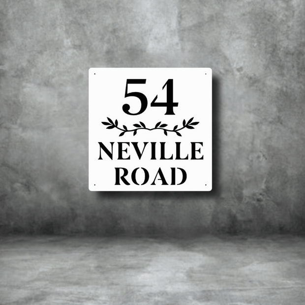 House number sign with '54 Neville Road' on a gray background