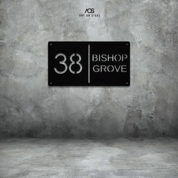 Black steel house number sign with modern cut-out design — number 38 and Bishop Grove text, sleek horizontal metal address plaque by Art on Steel, durable outdoor wall décor for stylish home entrances in South Africa.