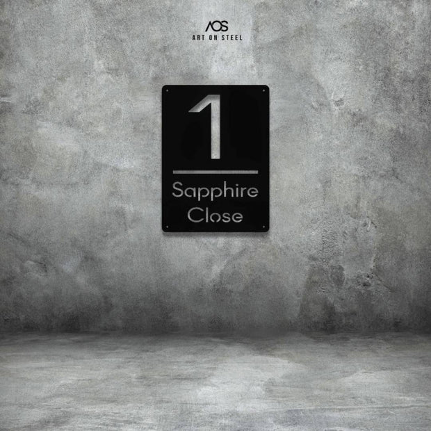 Black steel house number sign with modern cut-out design — number 1 and Sapphire Close text, minimalist rectangular plaque for outdoor wall mounting, durable metal address sign by Art on Steel, stylish home entrance décor in South Africa