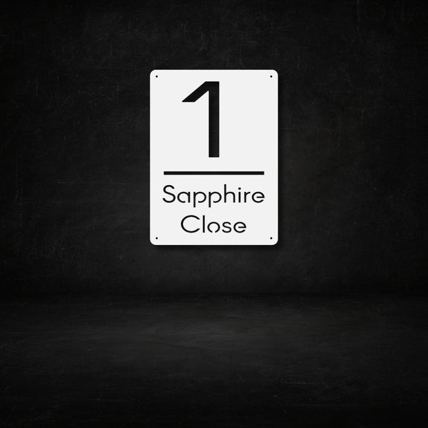 White steel house number sign with modern cut-out design — number 1 and Sapphire Close text, minimalist vertical address plaque for outdoor wall mounting, durable metal home entrance décor by Art on Steel, perfect for South African houses.