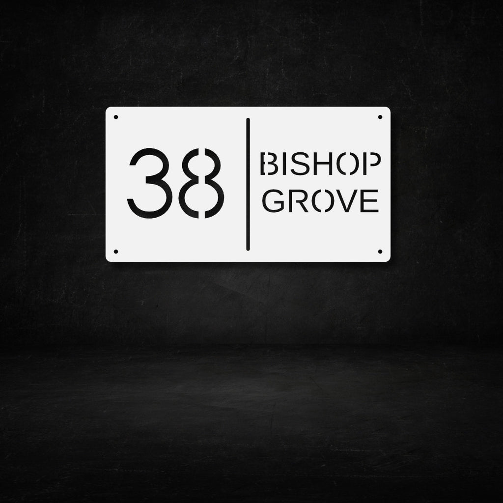 White steel house number sign with modern cut-out design — number 38 and Bishop Grove text, sleek horizontal metal address plaque by Art on Steel, durable outdoor wall-mounted décor for stylish South African homes.