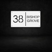 White steel house number sign with modern cut-out design — number 38 and Bishop Grove text, sleek horizontal metal address plaque by Art on Steel, durable outdoor wall-mounted décor for stylish South African homes.