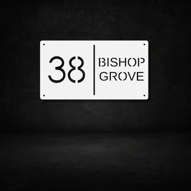 White steel house number sign with modern cut-out design — number 38 and Bishop Grove text, sleek horizontal metal address plaque by Art on Steel, durable outdoor wall-mounted décor for stylish South African homes.