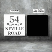 "Custom white steel house number sign with black backing plate – laser-cut front plate displaying number 54 Neville Road with decorative leaf design, durable weatherproof address plaque by Art on Steel, South Africa