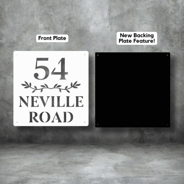 "Custom white steel house number sign with black backing plate – laser-cut front plate displaying number 54 Neville Road with decorative leaf design, durable weatherproof address plaque by Art on Steel, South Africa