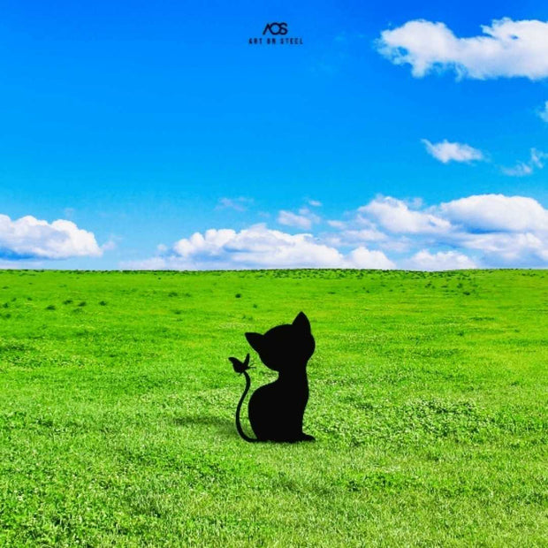Playful kitten garden stake with butterfly tail design — black steel cat silhouette by Art on Steel, decorative metal lawn ornament for outdoor décor, durable handmade garden art for cat lovers in South Africa.