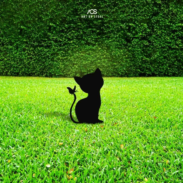 Playful kitten garden stake with butterfly tail design — black steel cat silhouette by Art on Steel, durable metal lawn ornament for outdoor décor, handmade garden art for cat lovers in South Africa.