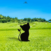 Playful kitten garden stake with butterfly design — black steel cat silhouette by Art on Steel, decorative metal lawn ornament for outdoor décor, cute animal garden art handmade in South Africa.