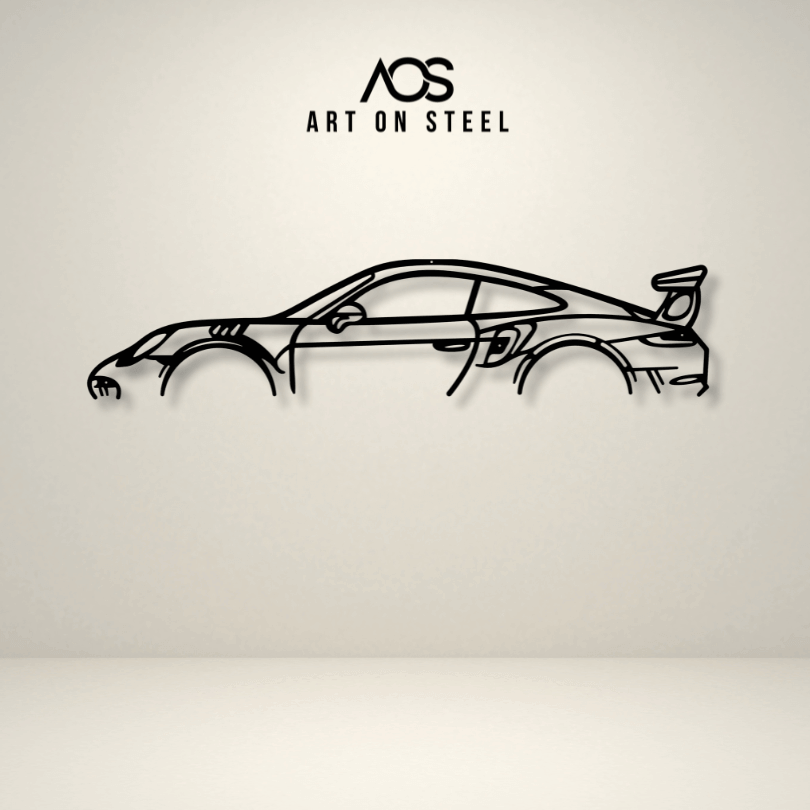 Porsche 911 GT3 RS metal wall art by Art on Steel – modern laser-cut steel car artwork, premium automotive wall décor for luxury homes, offices, and garages.