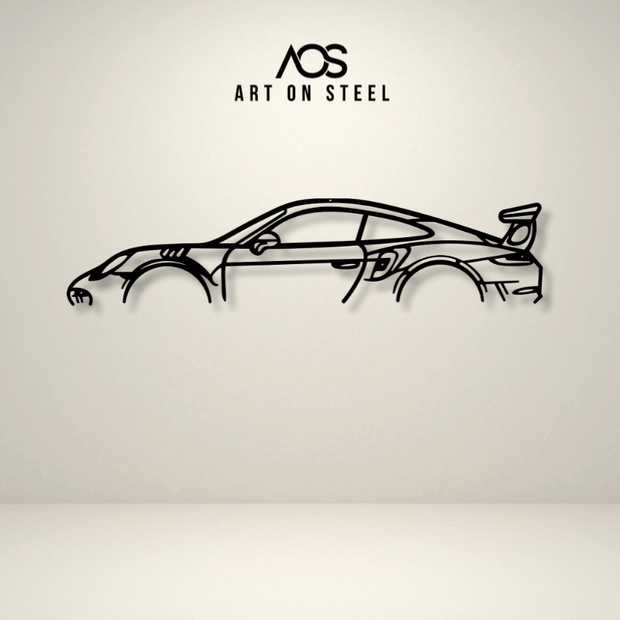 Porsche 911 GT3 RS metal wall art by Art on Steel – modern laser-cut steel car artwork, premium automotive wall décor for luxury homes, offices, and garages.