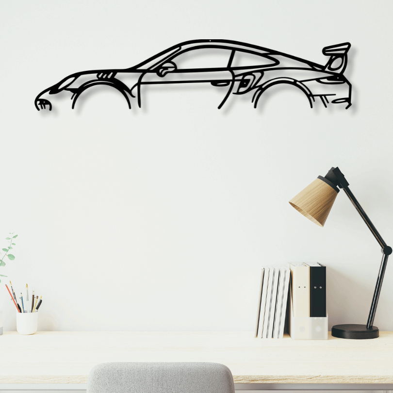 Porsche 911 GT3 RS metal wall art by Art on Steel – stylish laser-cut steel car décor for modern offices, home study walls, and luxury automotive enthusiasts.