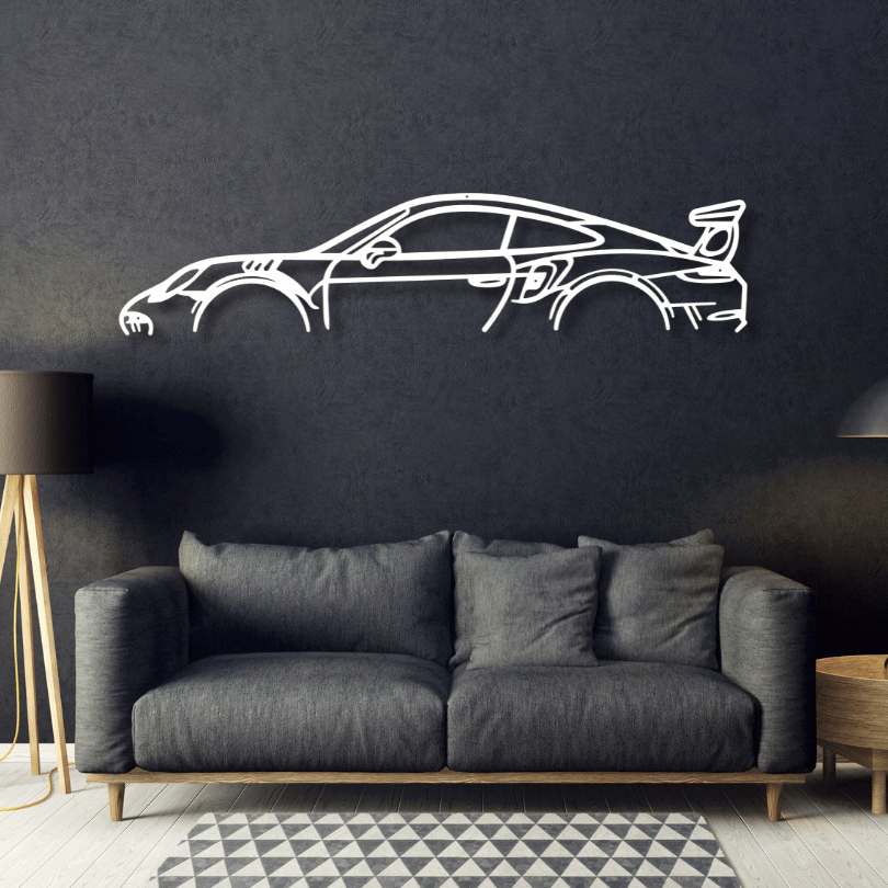 Porsche 911 GT3 RS metal wall art by Art on Steel – modern laser-cut steel car décor displayed in a stylish living room, perfect for automotive enthusiasts and luxury home interiors.