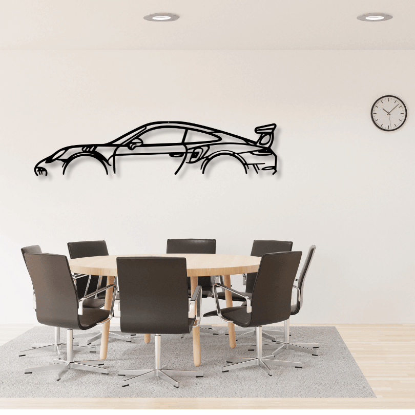 Porsche 911 GT3 RS metal wall art by Art on Steel in a boardroom above a table and chairs