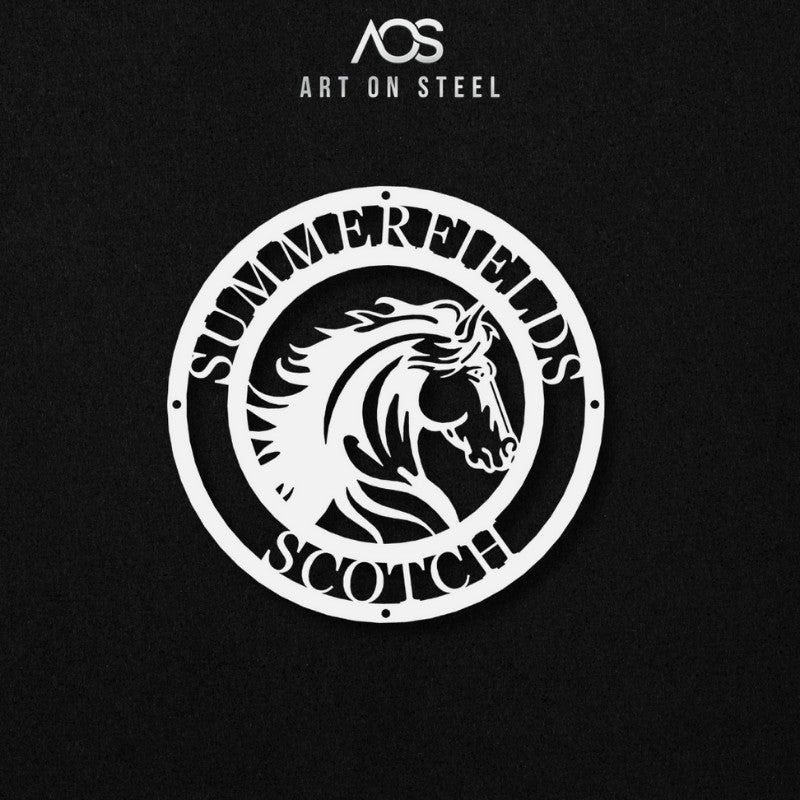 A custom white metal art sign with the words "SUMMERFIELDS" and "SCOTCH" in a circular border around a stylized horse head with a flowing mane. The sign is shown against a dark, black background, and the "Art on Steel" logo is at the top.