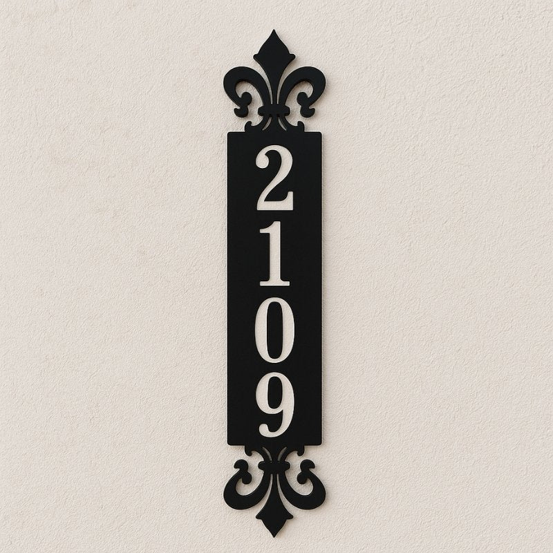 Elegant vertical black steel house number sign 2109 with fleur-de-lis design – decorative laser-cut metal address plaque, durable and weatherproof home signage by Art on Steel, South Africa.