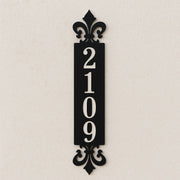 Elegant vertical black steel house number sign 2109 with fleur-de-lis design – decorative laser-cut metal address plaque, durable and weatherproof home signage by Art on Steel, South Africa.